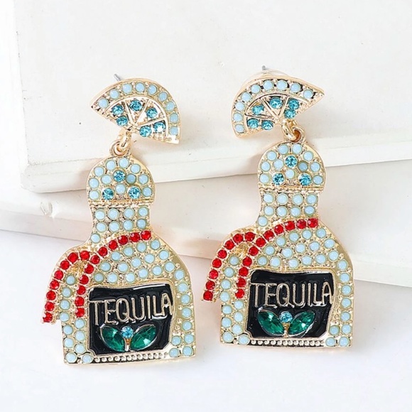 💍💍 FREE Tequila Alcohol Drink Party Rhinestone Boho Hipster Pop Deco Earrings - Picture 3 of 5